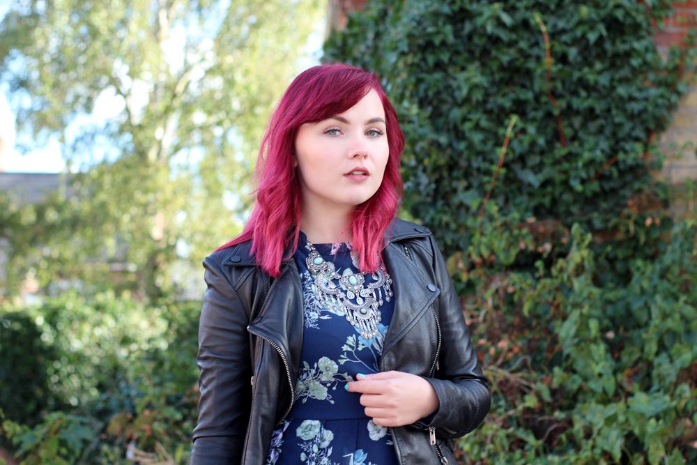 Paige Joanna Black leather jacket and Bontanical Flowers yumi dress