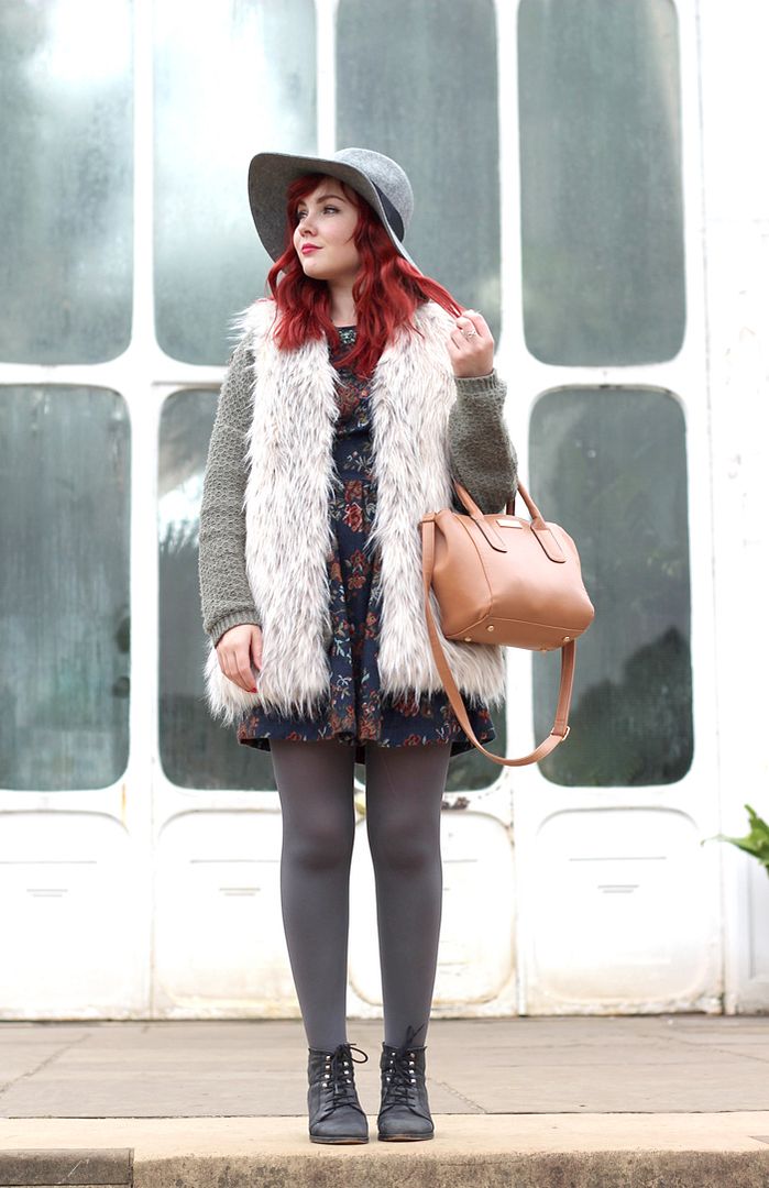 Paige Joanna Kew Gardens autumn outfit fur gilet 