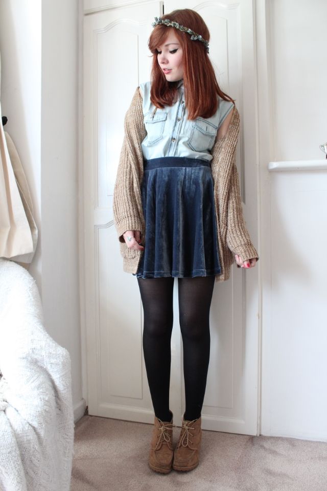 Velvet Skirt Denim Shirt and Headband