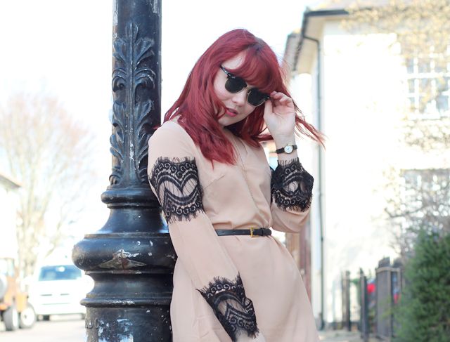 raybans, nude dress, missguided
