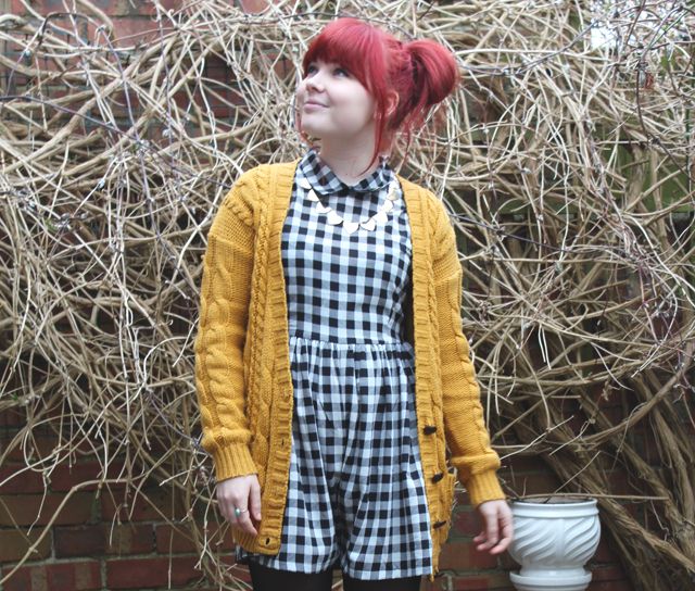 fringe, red bangs, mustard cardie