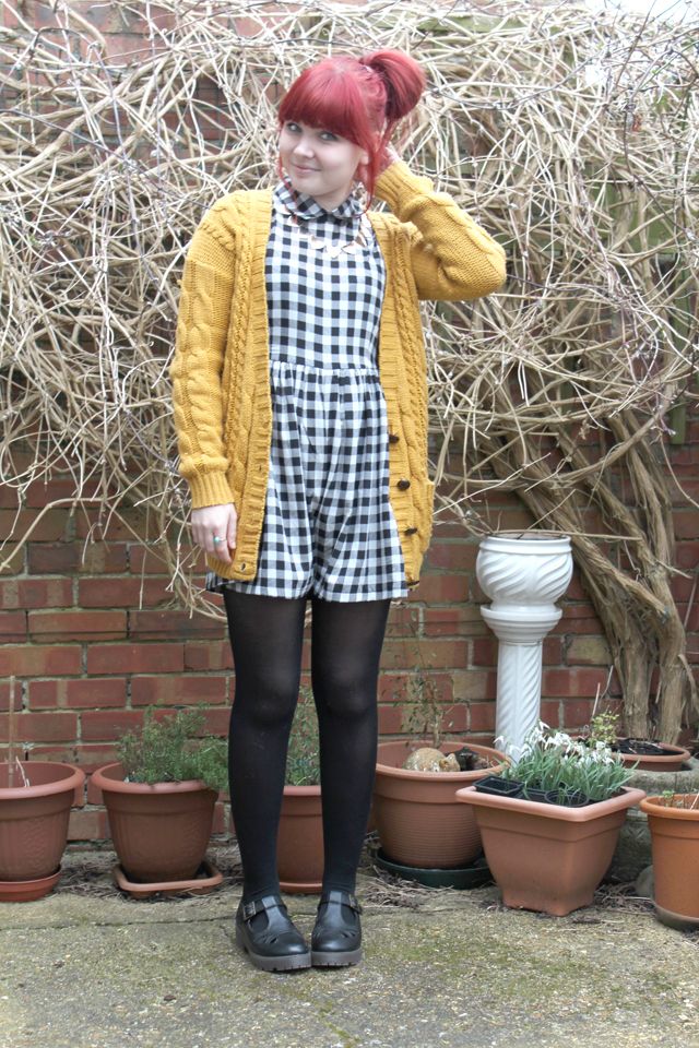 mustard cardie, missguided playsuit