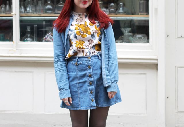 close up, double denim, 70s floral