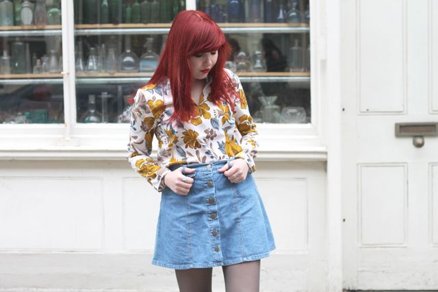 70s florals, double denim, button up denim skirt