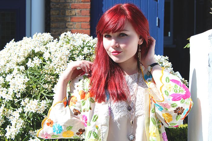 photo red head embroidered mexican kimono