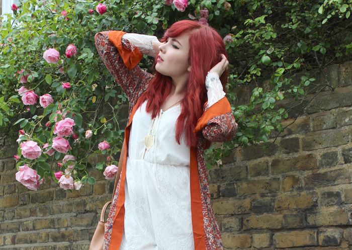 paige joanna kimono and white lace playsuit