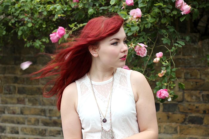 paige joanna red head white dress