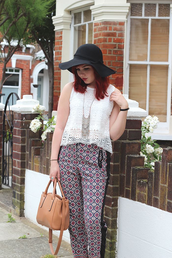 Paige Joanna Topshop Denim Jacket, Ark Clothing Trousers Lace Top and Floppy Hat