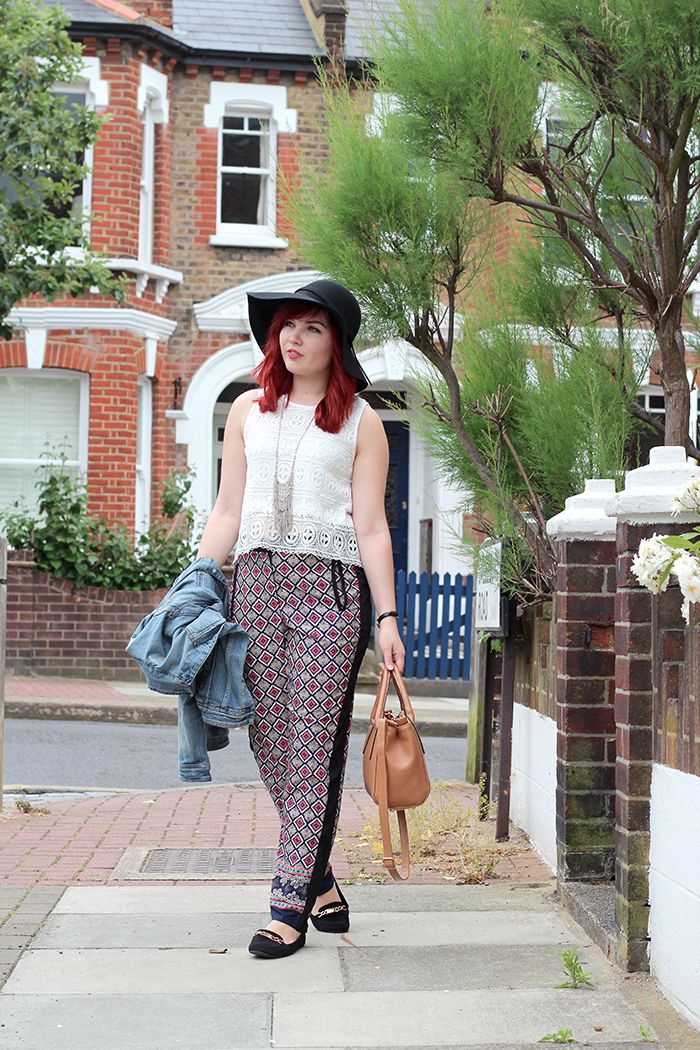 Paige Joanna Topshop Denim Jacket, Ark Clothing Trousers Lace Top and Floppy Hat