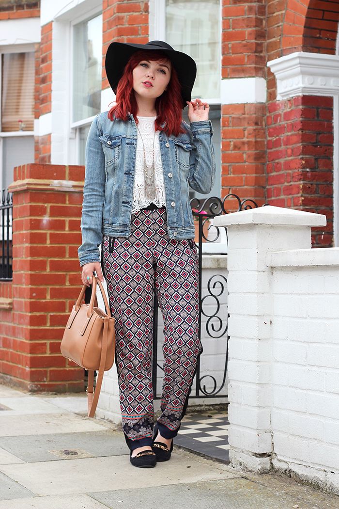 Paige Joanna Topshop Denim Jacket, Ark Clothing Trousers Lace Top and Floppy Hat