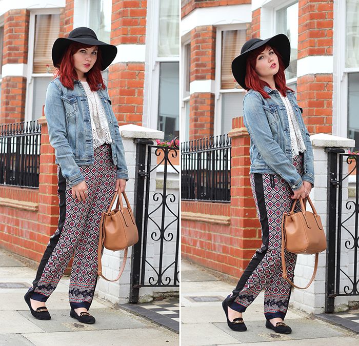 Paige Joanna Topshop Denim Jacket, Ark Clothing Trousers Lace Top and Floppy Hat