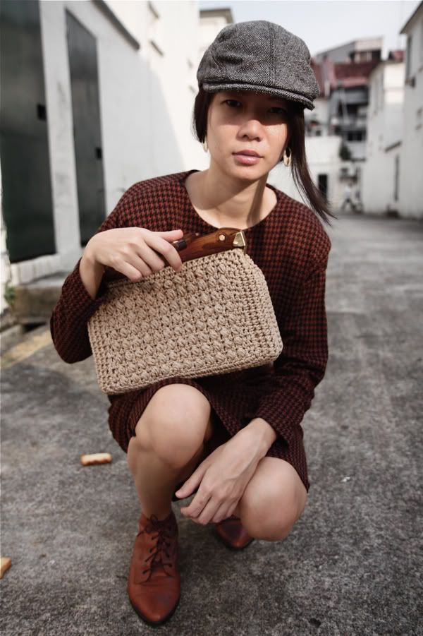 1980s chocolate houndstooth dress; 1960s crochet handbag; Brown booties