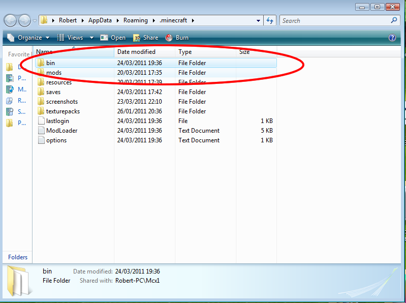 Then open up your .minecraft folder, and open up the bin folder: